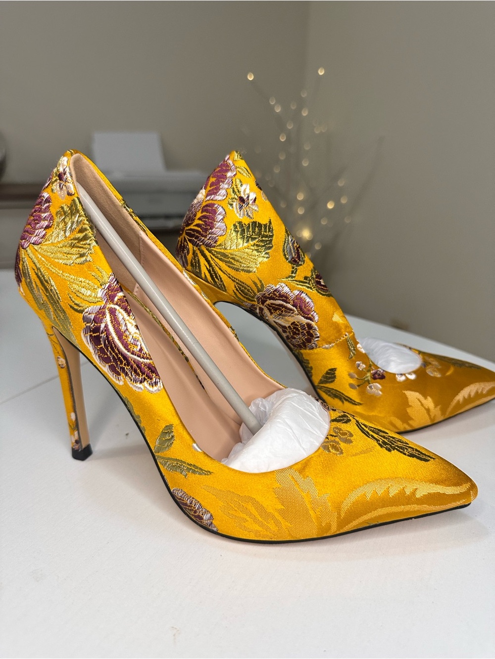 Yellow Floral Brocade Pointed High Heel Pumps